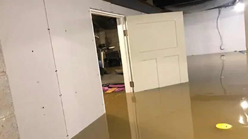 Flooded basement floor with water around an interior door