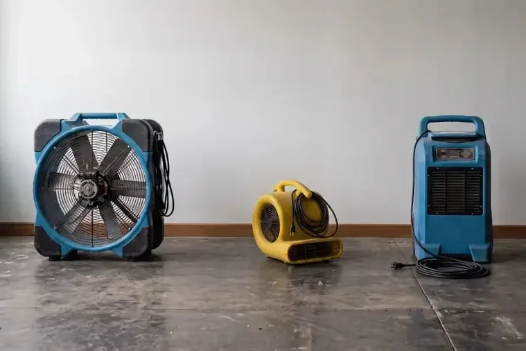 Fan and dehumidifier arranged along an empty room wall