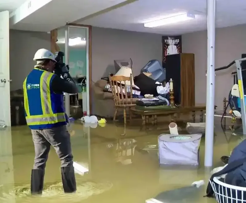 Worker standing beside deep water and furniture in a flooded room