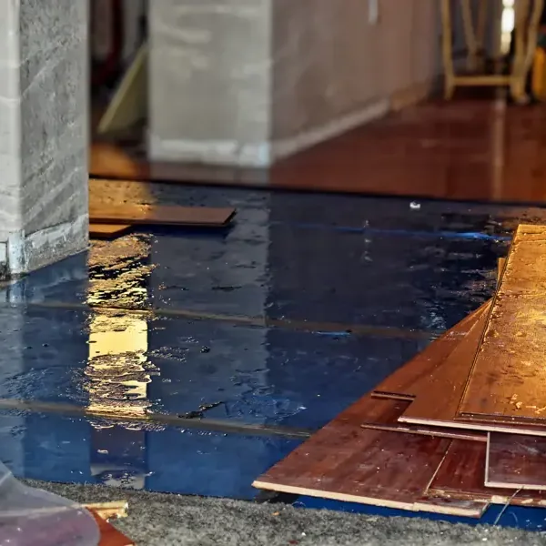 Lifted floorboards beside standing water on exposed underlayment