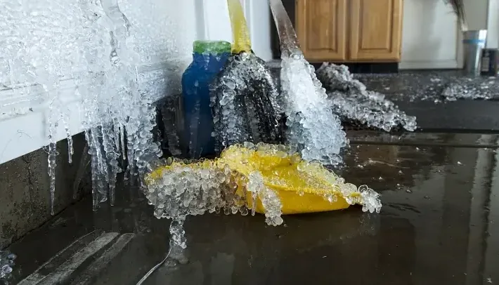 Ice hanging from a wall beside utility equipment and water on the floor