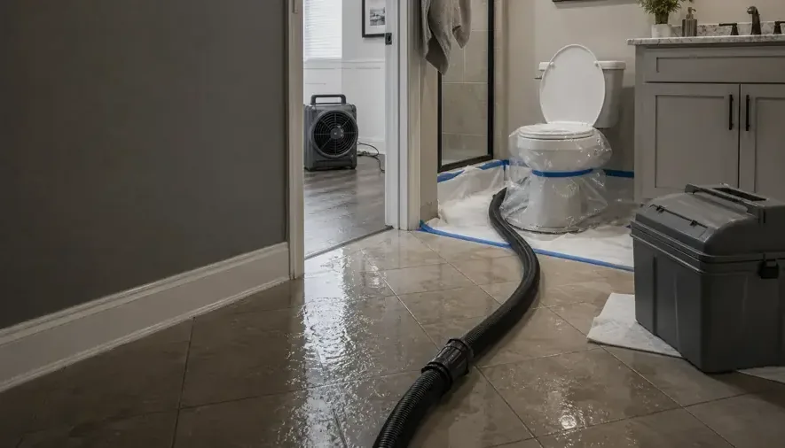 Extraction hose and containment tape in a bathroom during sewage cleanup