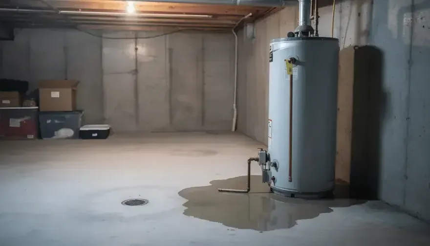 Water pooled at the base of a tank water heater on a concrete floor